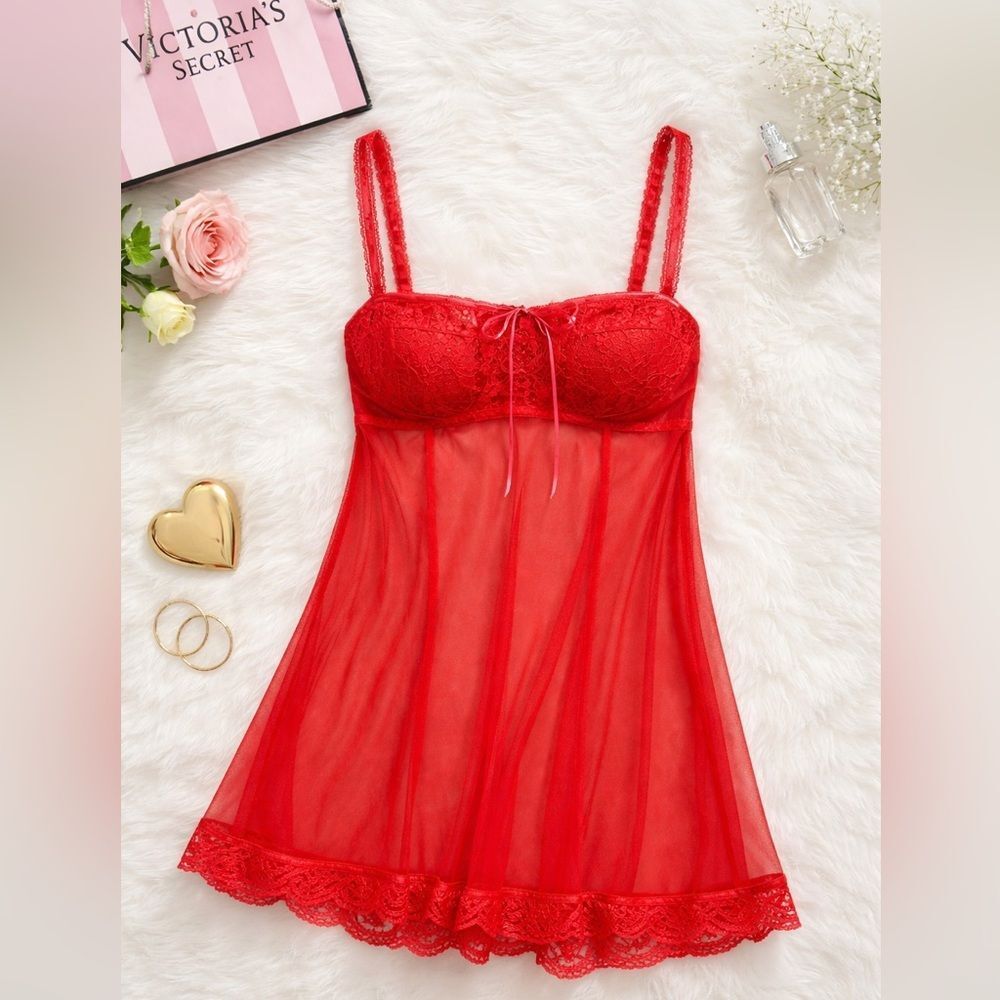 Victoria’s Secret Red Sheer Lace Babydoll Chemise Open Back Nightgown XS